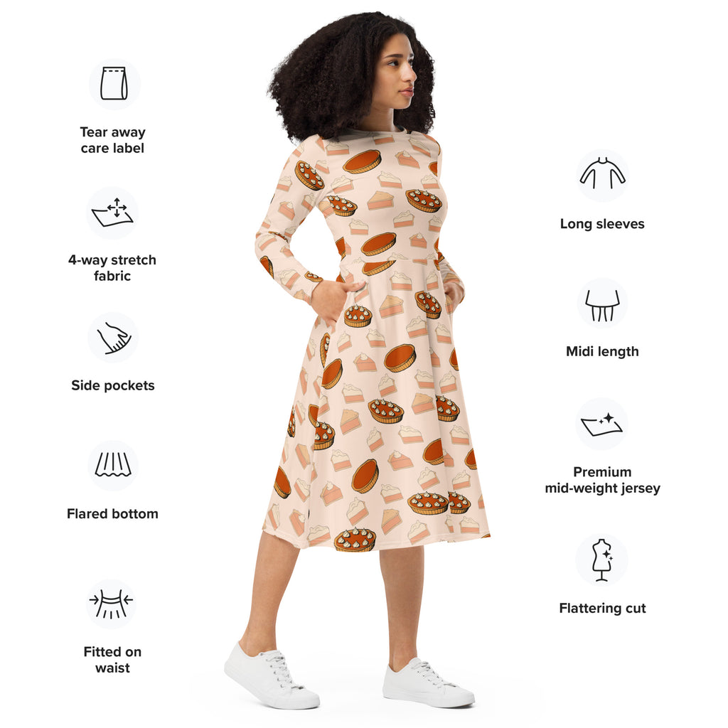 Women’s peach long sleeve midi dress with pumpkin pie print and pockets perfect for Thanksgiving