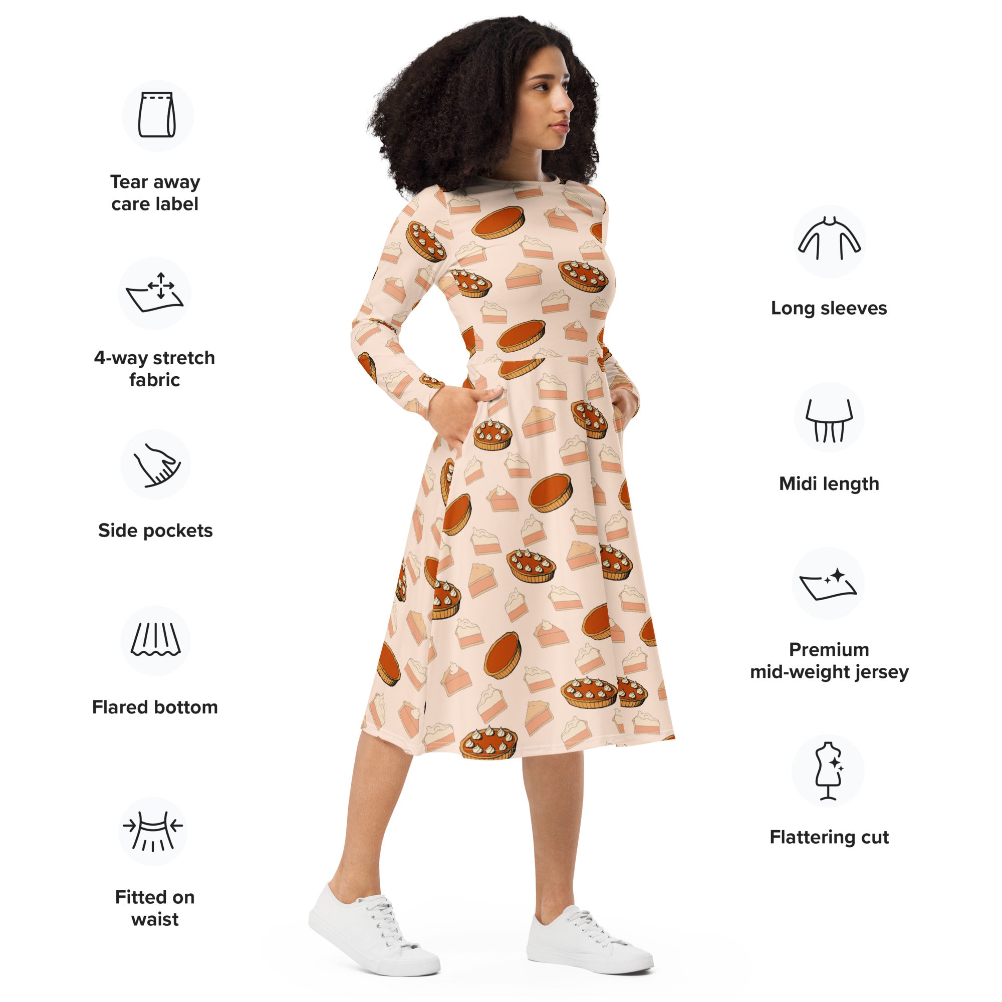 Women’s peach long sleeve midi dress with pumpkin pie print and pockets perfect for Thanksgiving