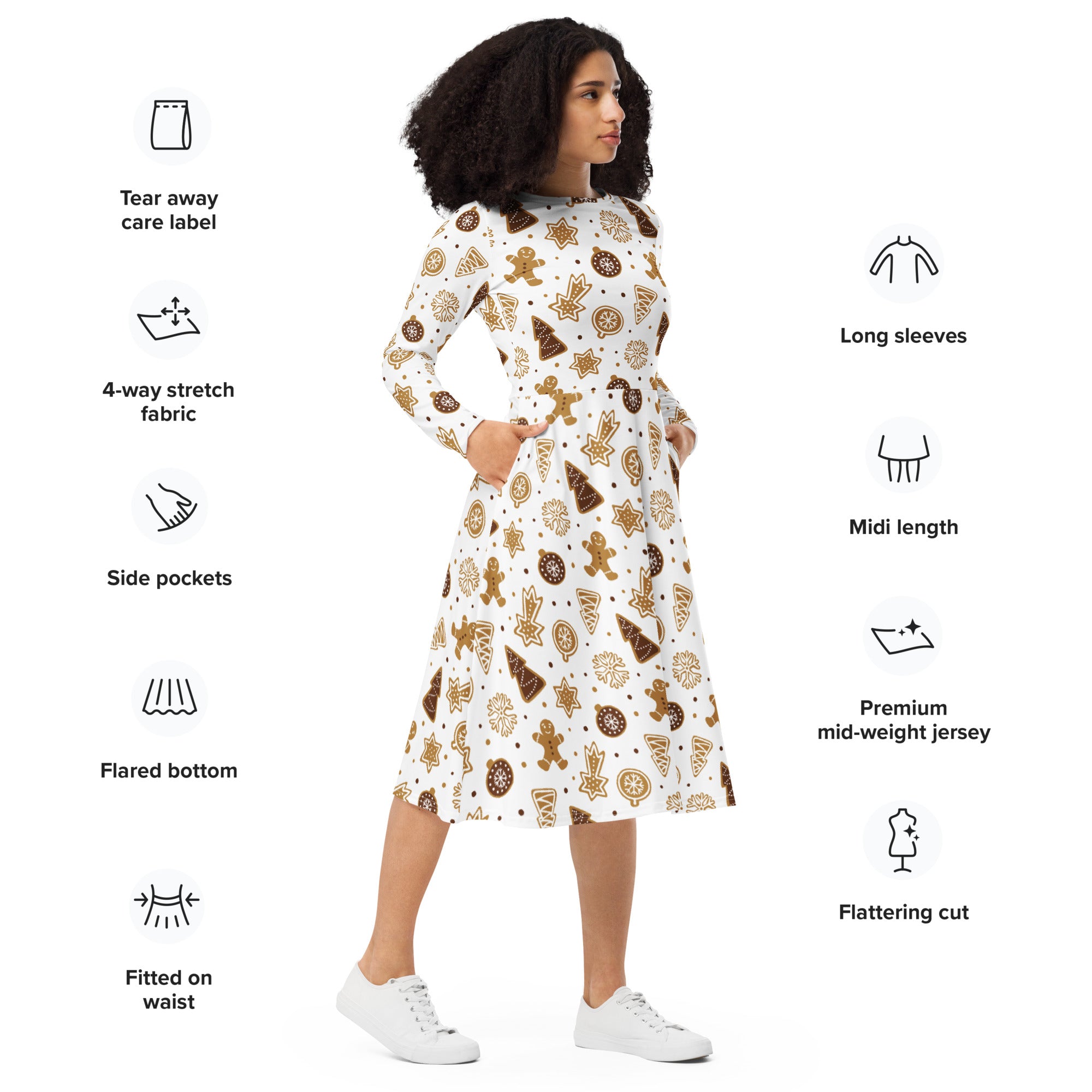 Women’s gingerbread cookies christmas long sleeve white midi dress with pockets and festive brown cookie pattern