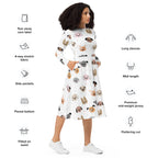 Women's Dog Face Long Sleeve Midi Dress With Pockets