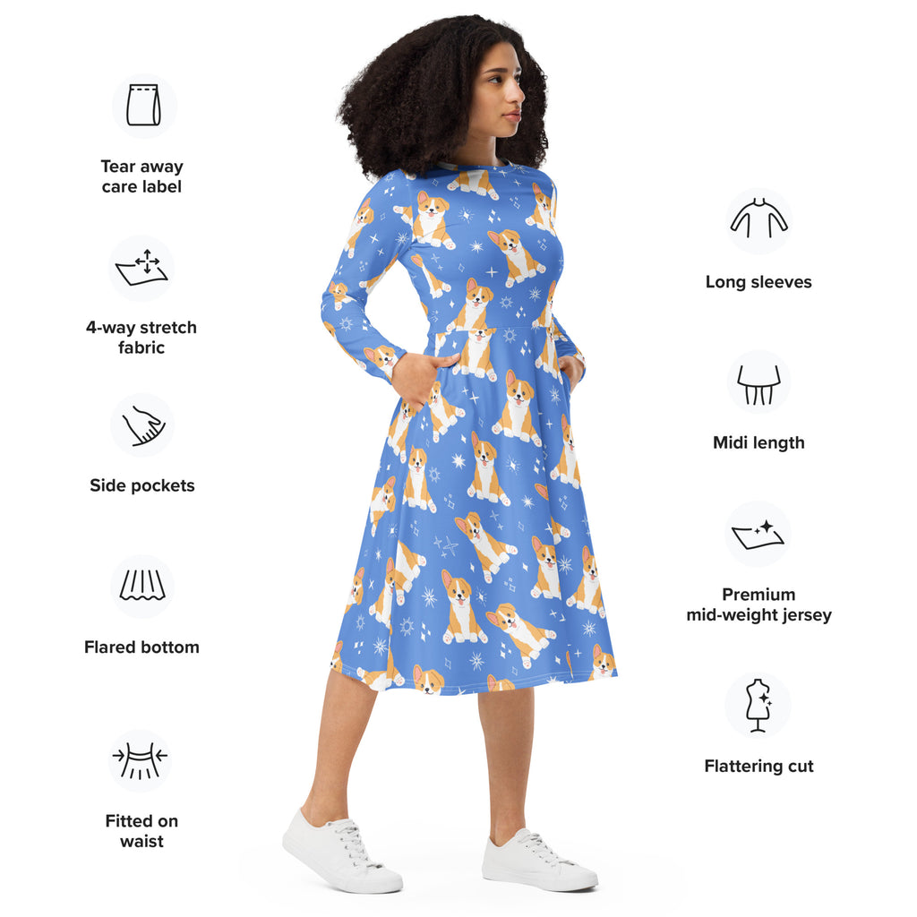Women's Blue Corgi Dog Long Sleeve Midi Dress With Pockets