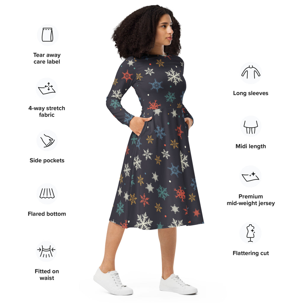 Women’s dark navy long sleeve midi dress with colorful snowflake pattern flared bottom and pockets