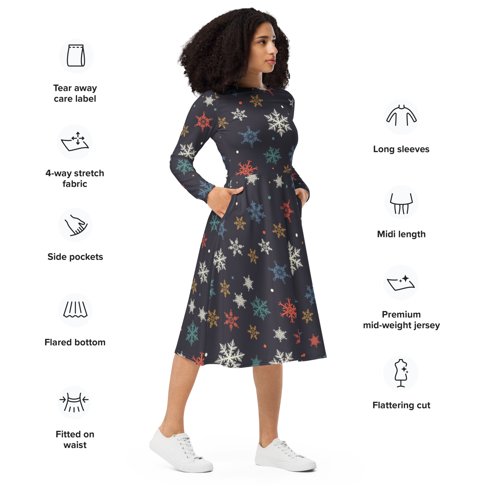 Women’s dark navy long sleeve midi dress with colorful snowflake pattern flared bottom and pockets
