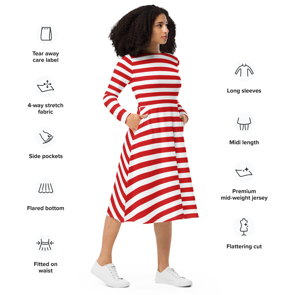 Women’s red and white striped long sleeve midi dress with flared bottom and side pockets displayed from front