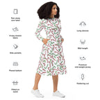 Women's Red & Green Candy Cane Christmas Long Sleeve Midi Dress With Pockets