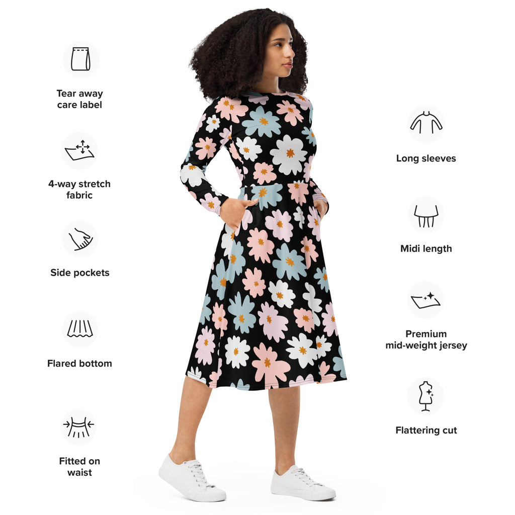 Women’s retro floral long sleeve black midi dress with vibrant pink white blue pattern and flared bottom with pockets