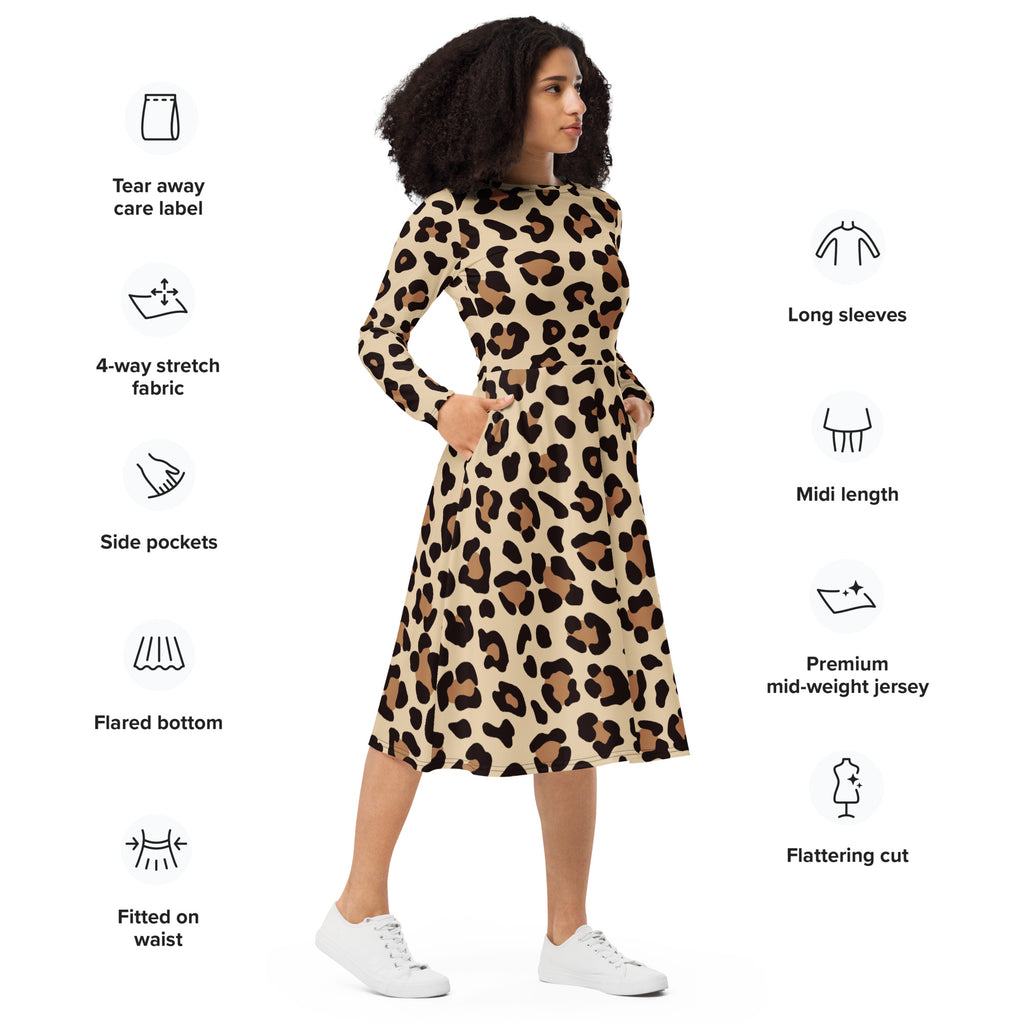 Women's Leopard Print Long Sleeve Midi Dress With Pockets