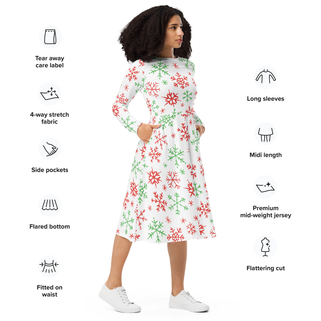 White midi dress with red and green snowflake pattern long sleeves side pockets and flared bottom for christmas wear