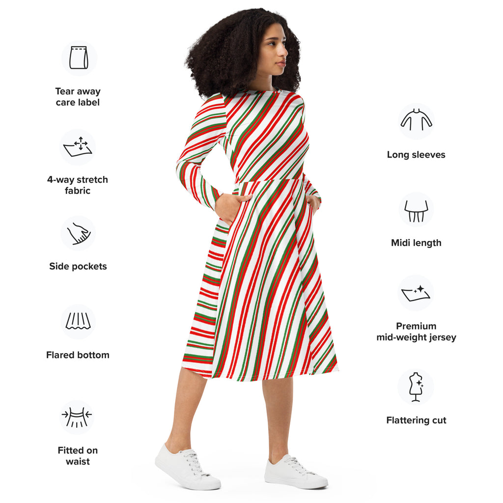 Women’s candy cane stripe long sleeve midi dress with pockets in bold red green and white diagonal stripes