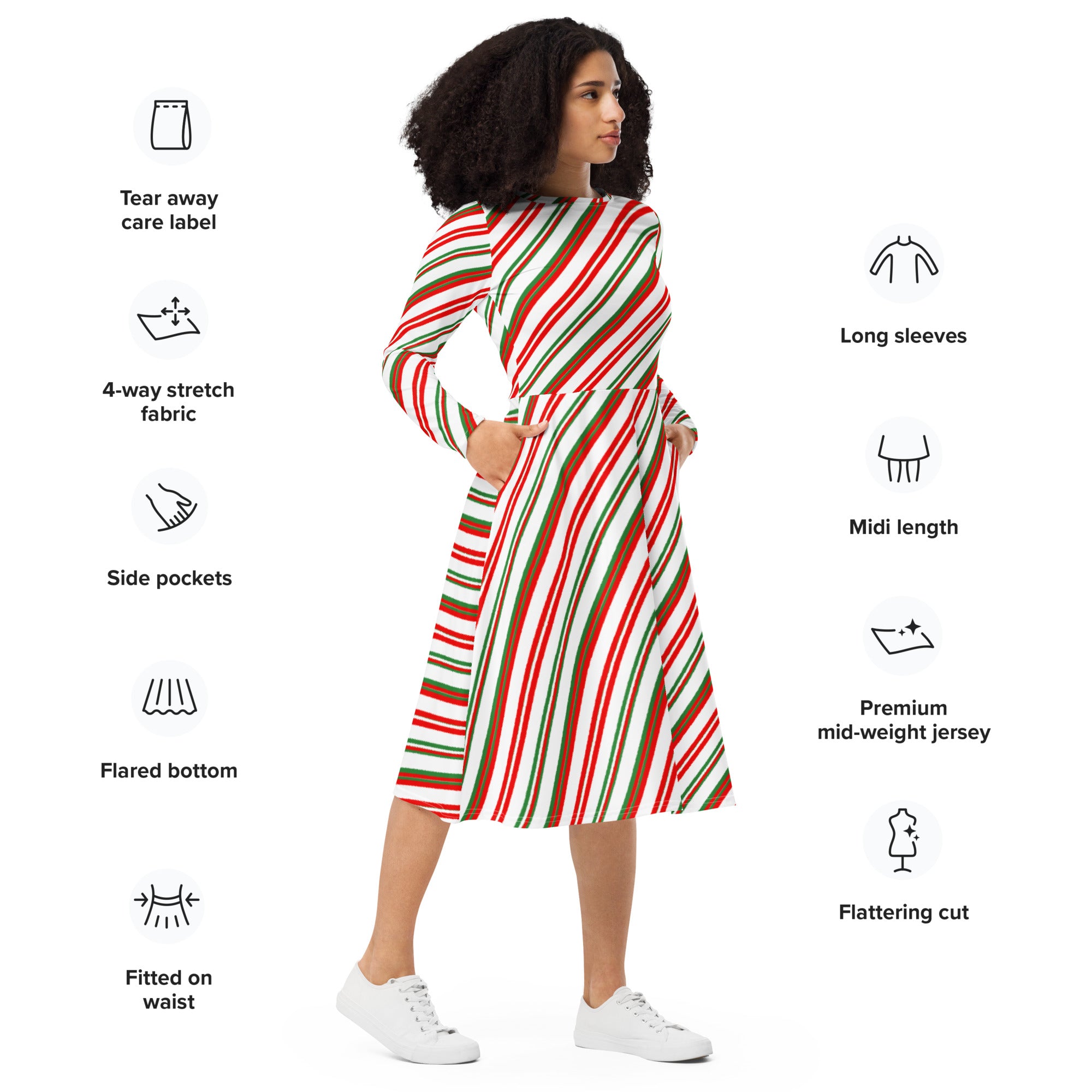 Women’s candy cane stripe long sleeve midi dress with pockets in bold red green and white diagonal stripes