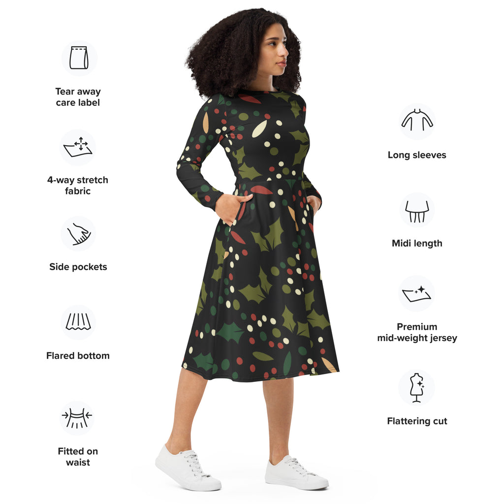Women’s dark holly berry long sleeve midi dress with pockets featuring festive green red and white holly berry pattern