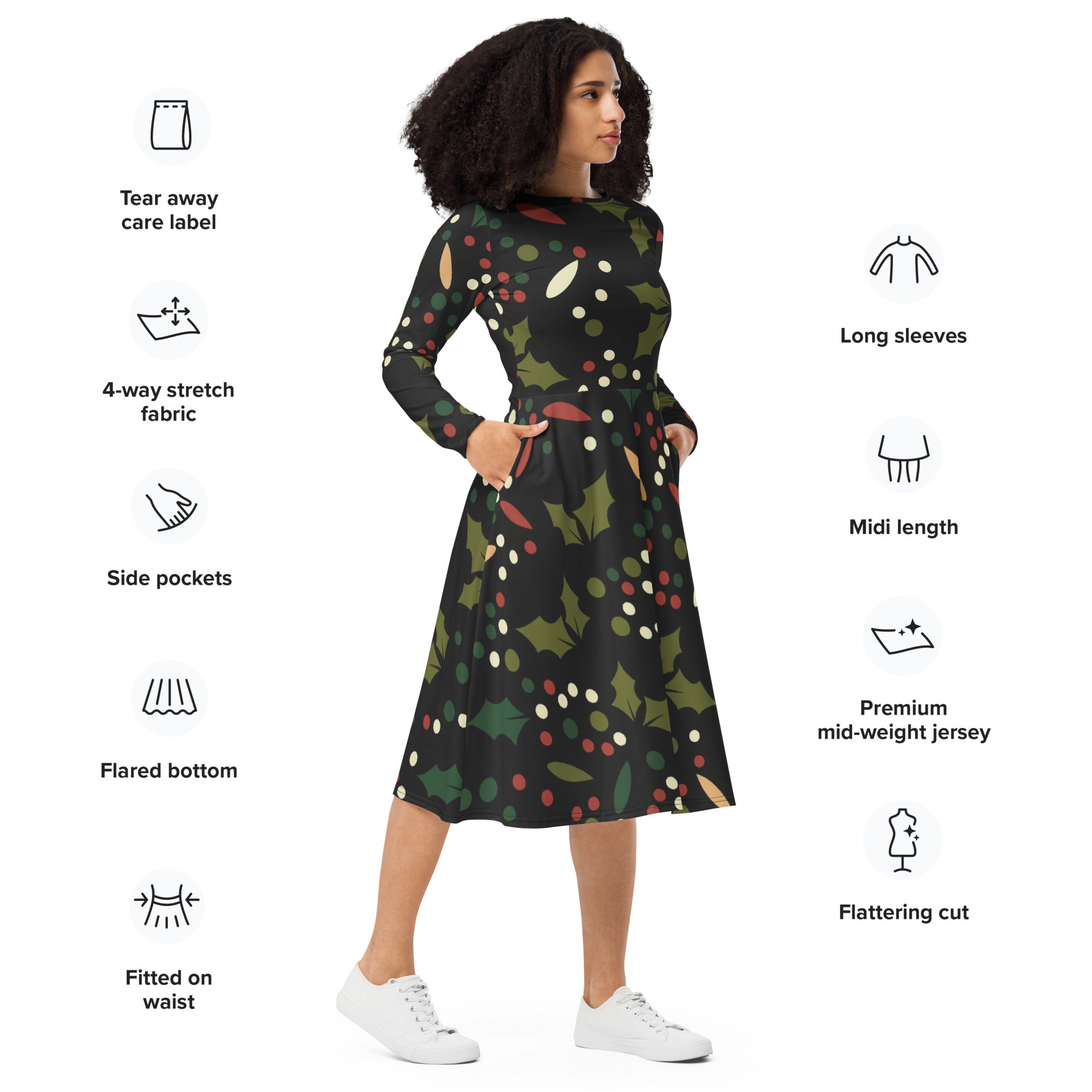 Women’s dark holly berry long sleeve midi dress with pockets featuring festive green red and white holly berry pattern