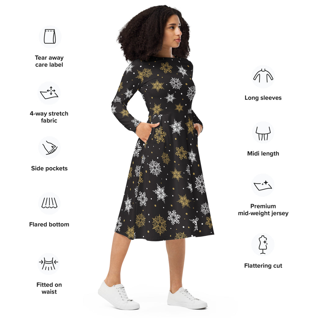 Black midi dress with long sleeves and pockets featuring white and gold snowflakes on premium mid-weight jersey fabric