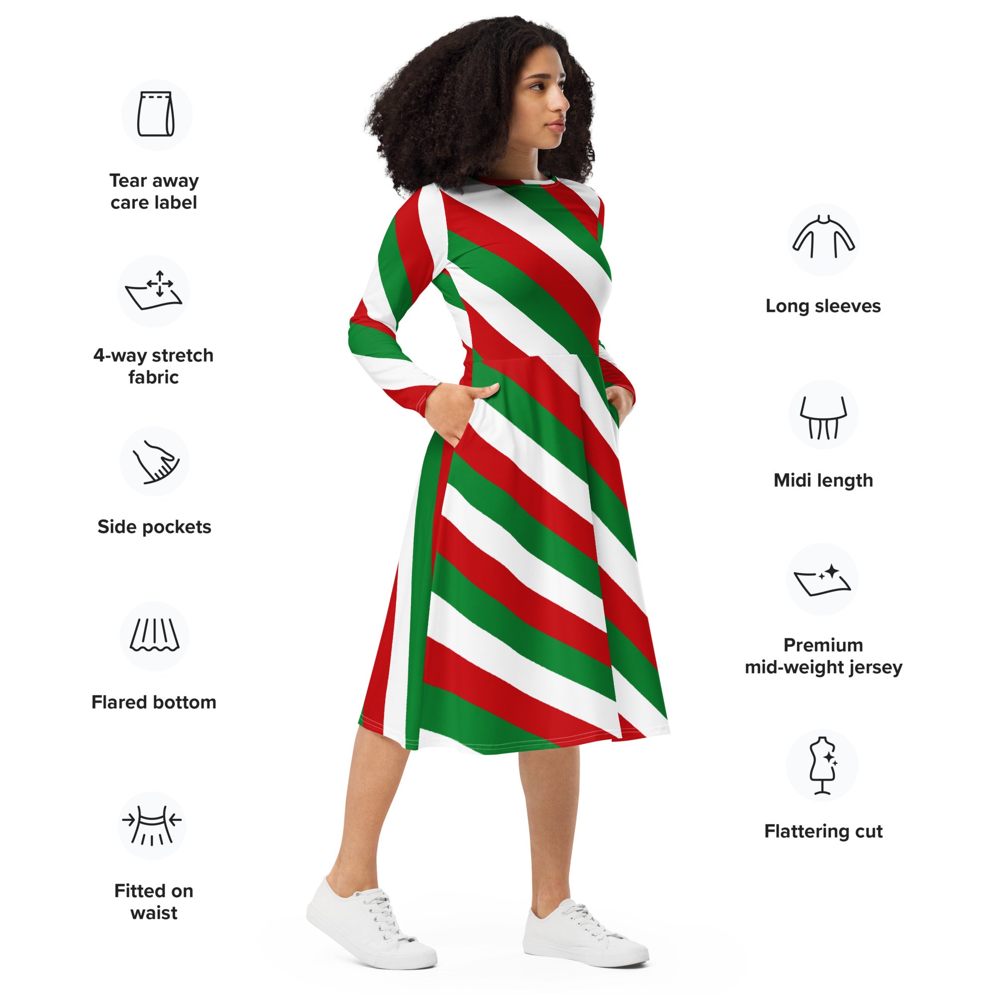 Women’s christmas candy cane stripe long sleeve midi dress with pockets in red green and white jersey fabric