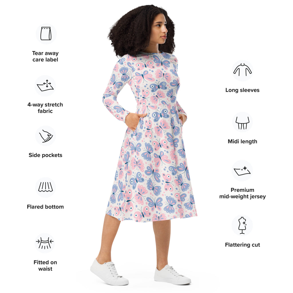 Women’s pink and purple butterflies long sleeve midi dress in soft jersey with side pockets and butterfly print