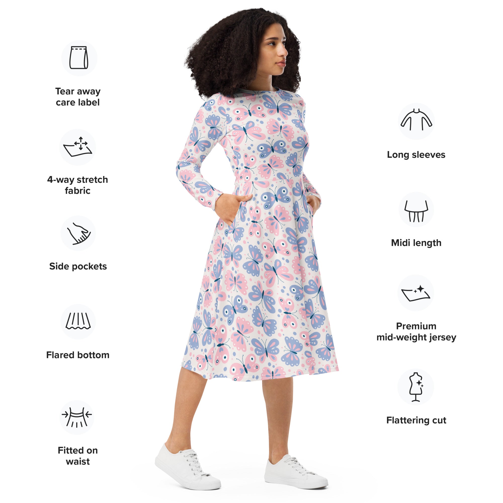 Women’s pink and purple butterflies long sleeve midi dress in soft jersey with side pockets and butterfly print