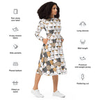 Women's Kawaii Cat Long Sleeve Midi Dress With Pockets