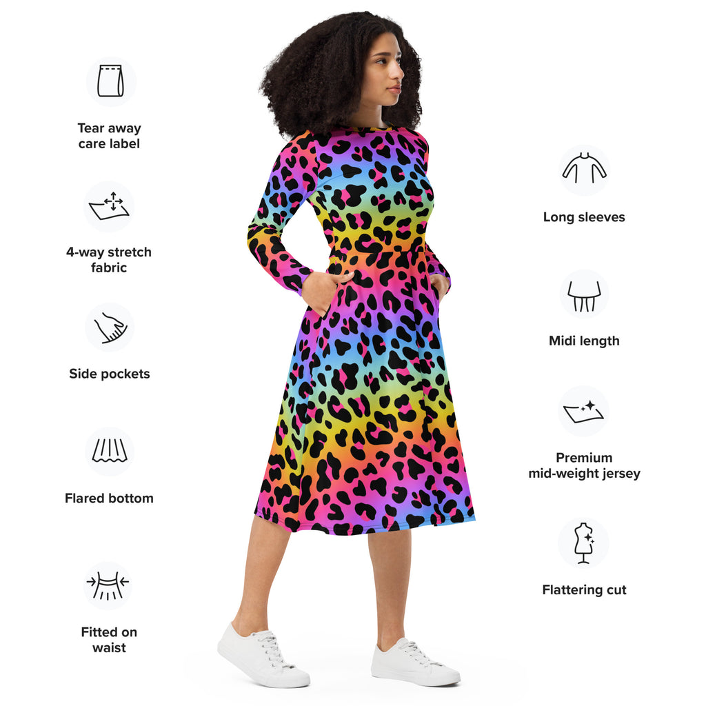 Women's Rainbow Leopard Long Sleeve Midi Dress With Pockets