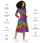 Women's Rainbow Leopard Long Sleeve Midi Dress With Pockets
