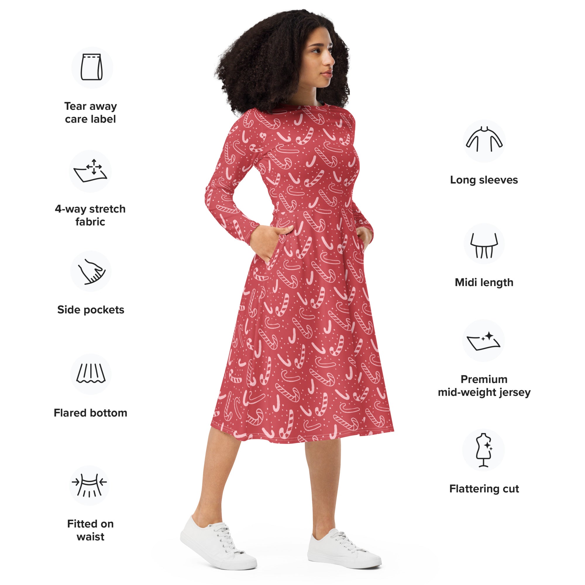 Women’s red midi dress with long sleeves and white candy cane pattern perfect for christmas with pockets