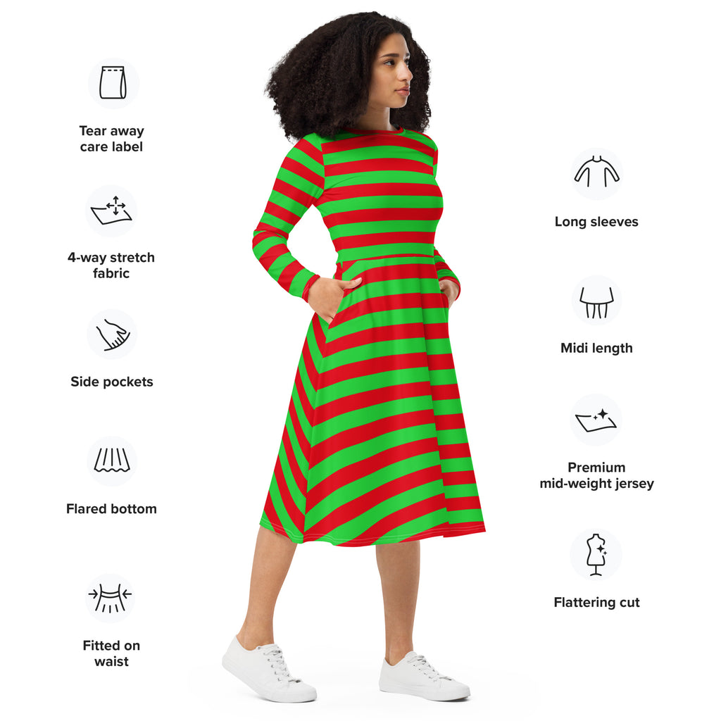 Women’s red and green long sleeve midi dress with pockets made from premium mid-weight jersey fabric