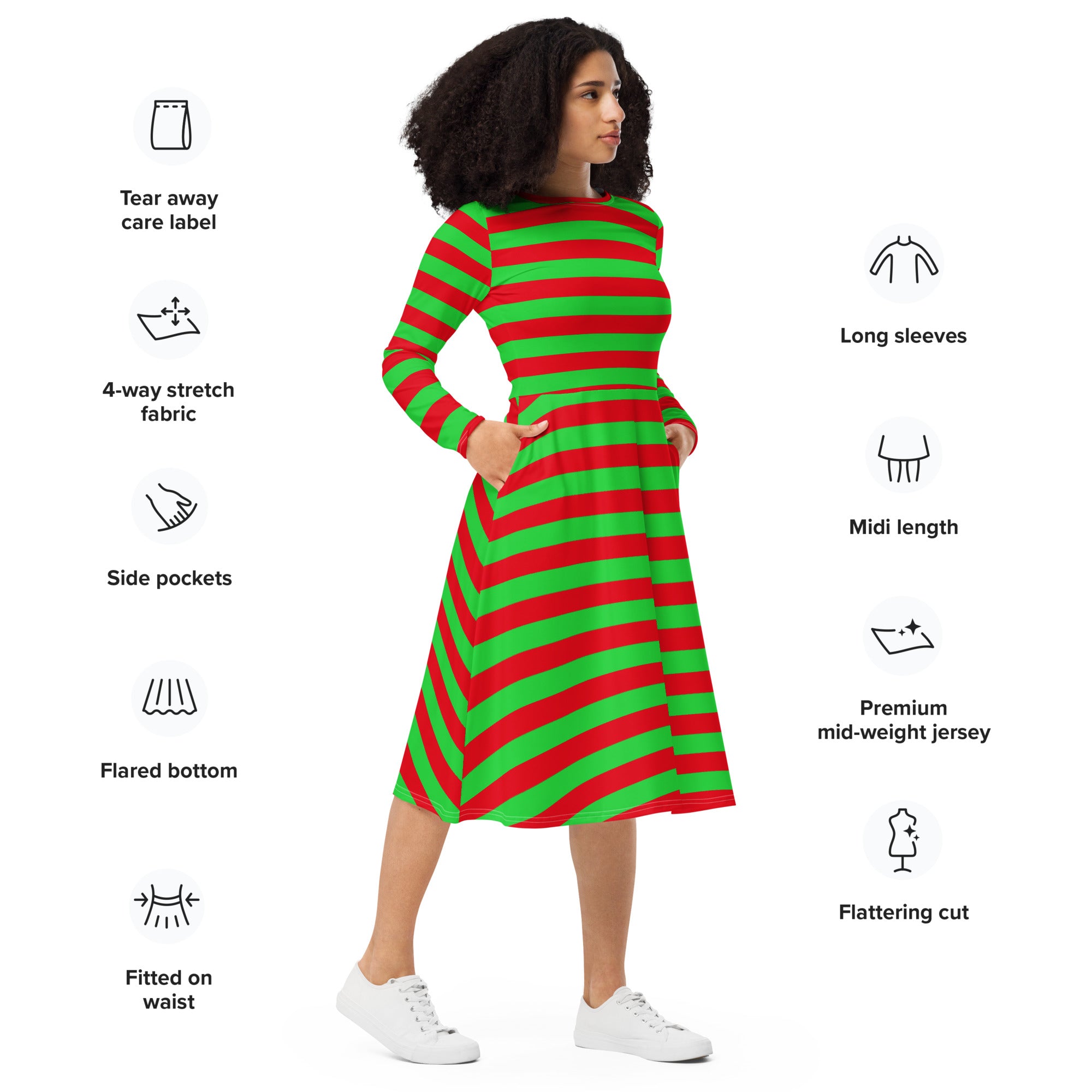 Women’s red and green long sleeve midi dress with pockets made from premium mid-weight jersey fabric
