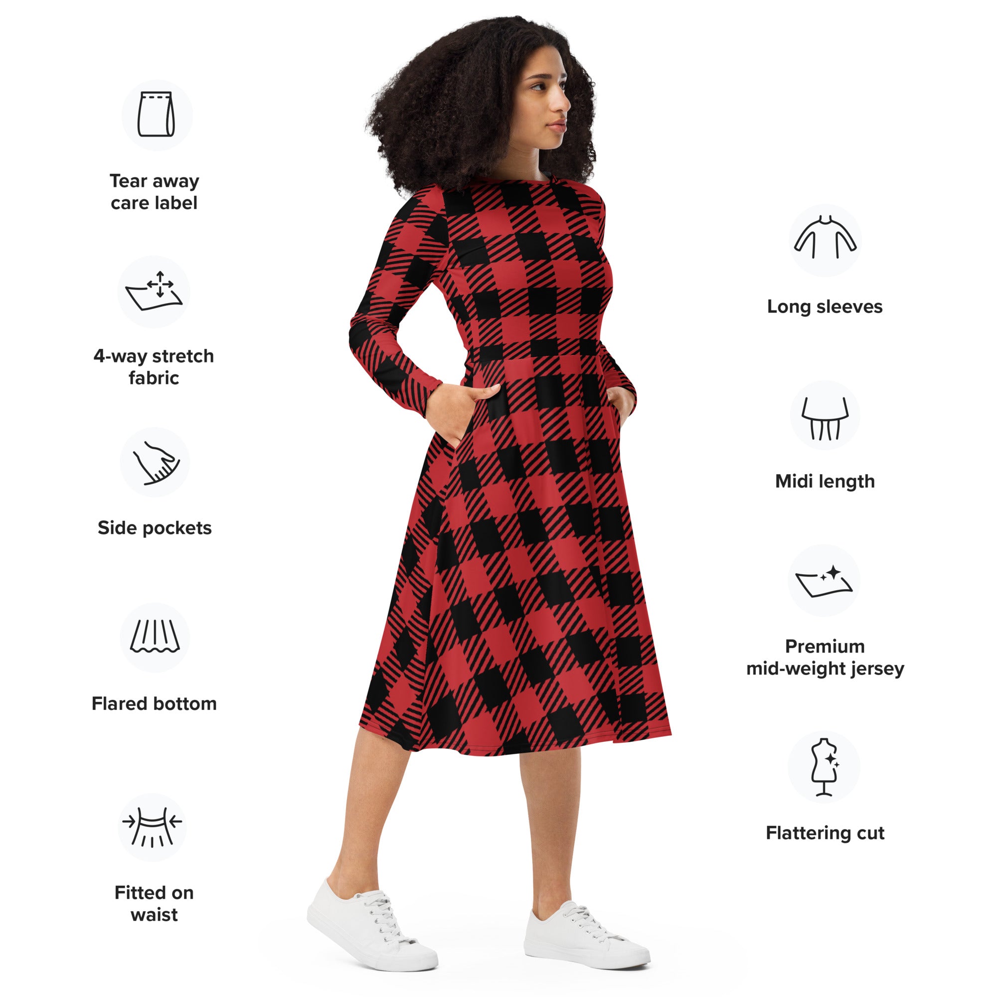 Women’s red buffalo plaid midi dress with long sleeves pockets and soft flannel fabric for casual wear