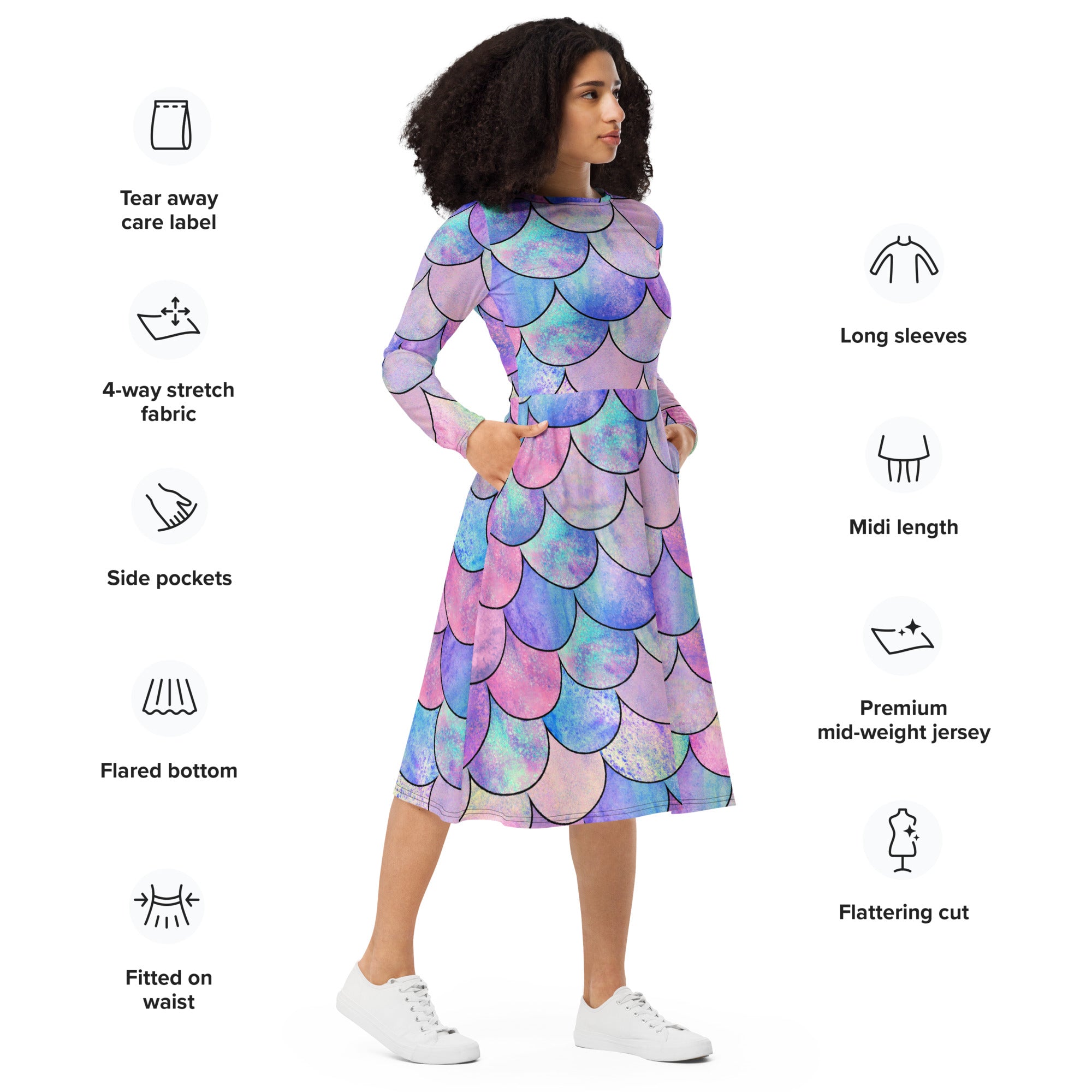 Women's Pastel Mermaid Long Sleeve Midi Dress With Pockets