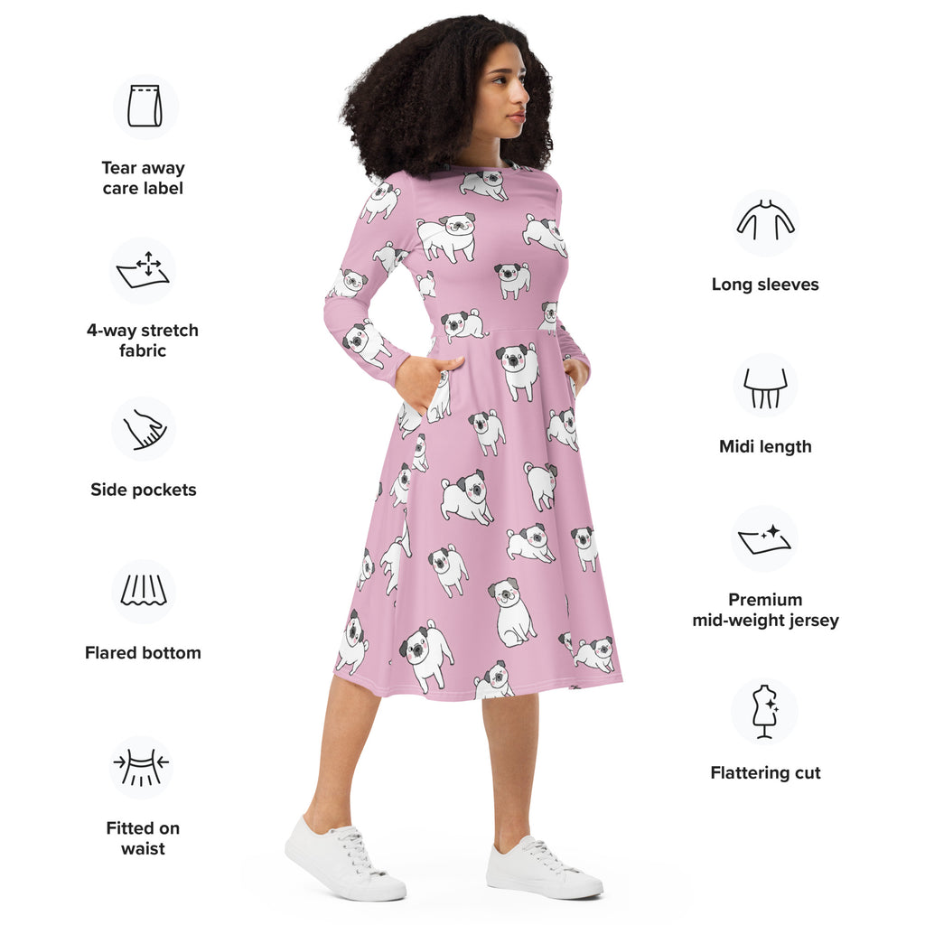 Women’s pink long sleeve midi dress with pockets in soft jersey fabric featuring white pug print and flared bottom