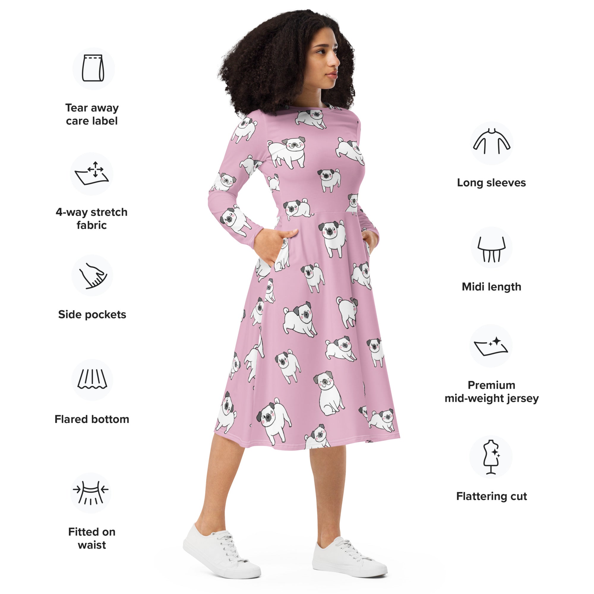 Women’s pink long sleeve midi dress with pockets in soft jersey fabric featuring white pug print and flared bottom