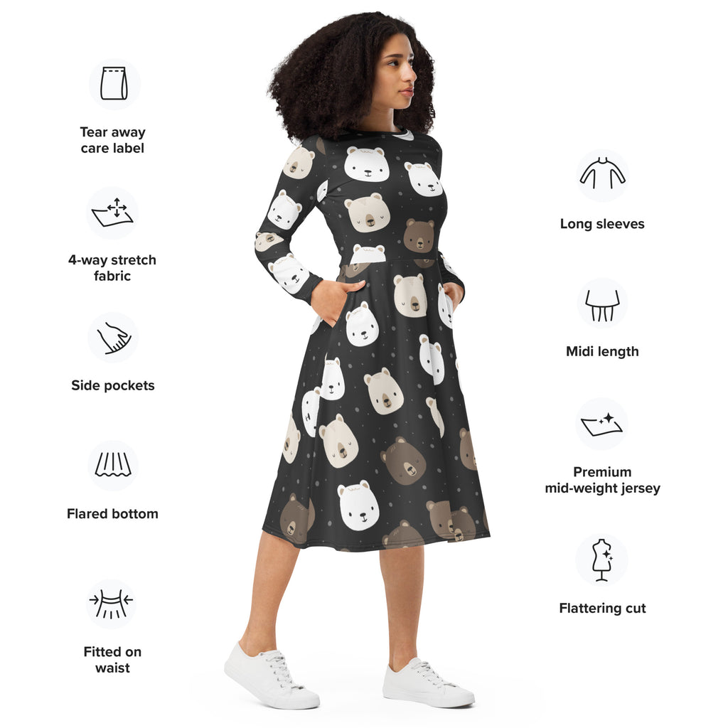 Women’s black midi dress with long sleeves and pockets featuring white and brown bear face print on dark background