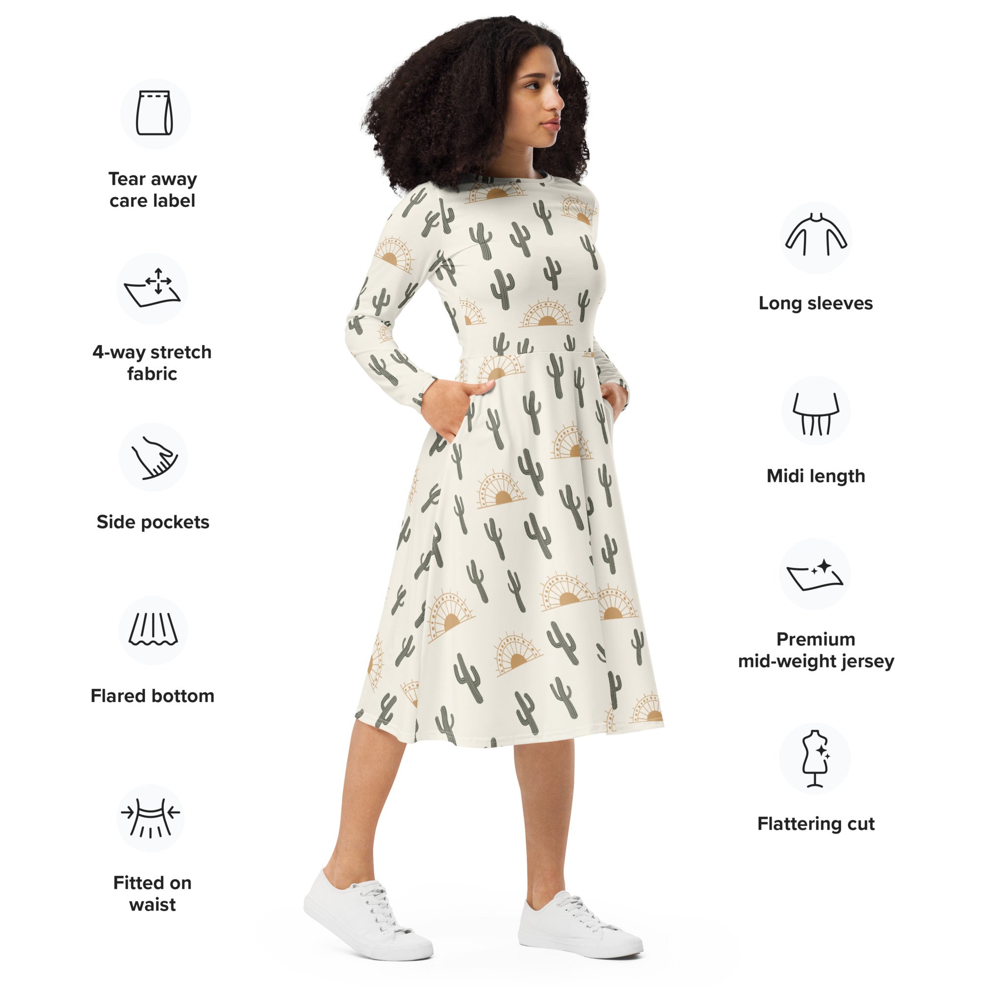 Women’s off-white long sleeve midi dress with cactus sun motif made from premium mid-weight jersey fabric with pockets