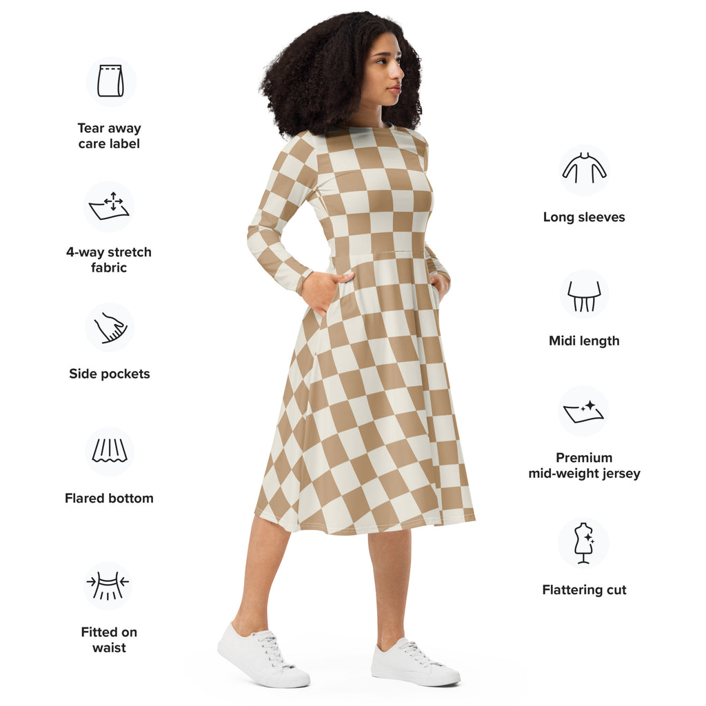 Women’s tan checkerboard long sleeve midi dress with pockets in beige and white checkered fabric and flattering cut
