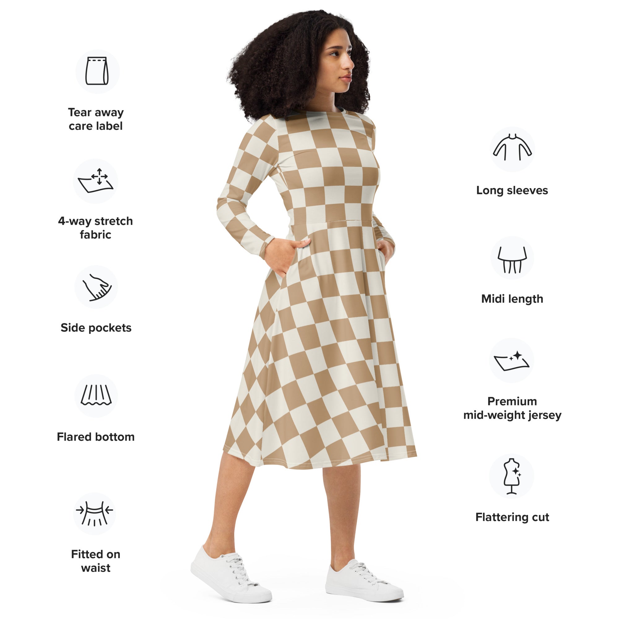 Women’s tan checkerboard long sleeve midi dress with pockets in beige and white checkered fabric and flattering cut