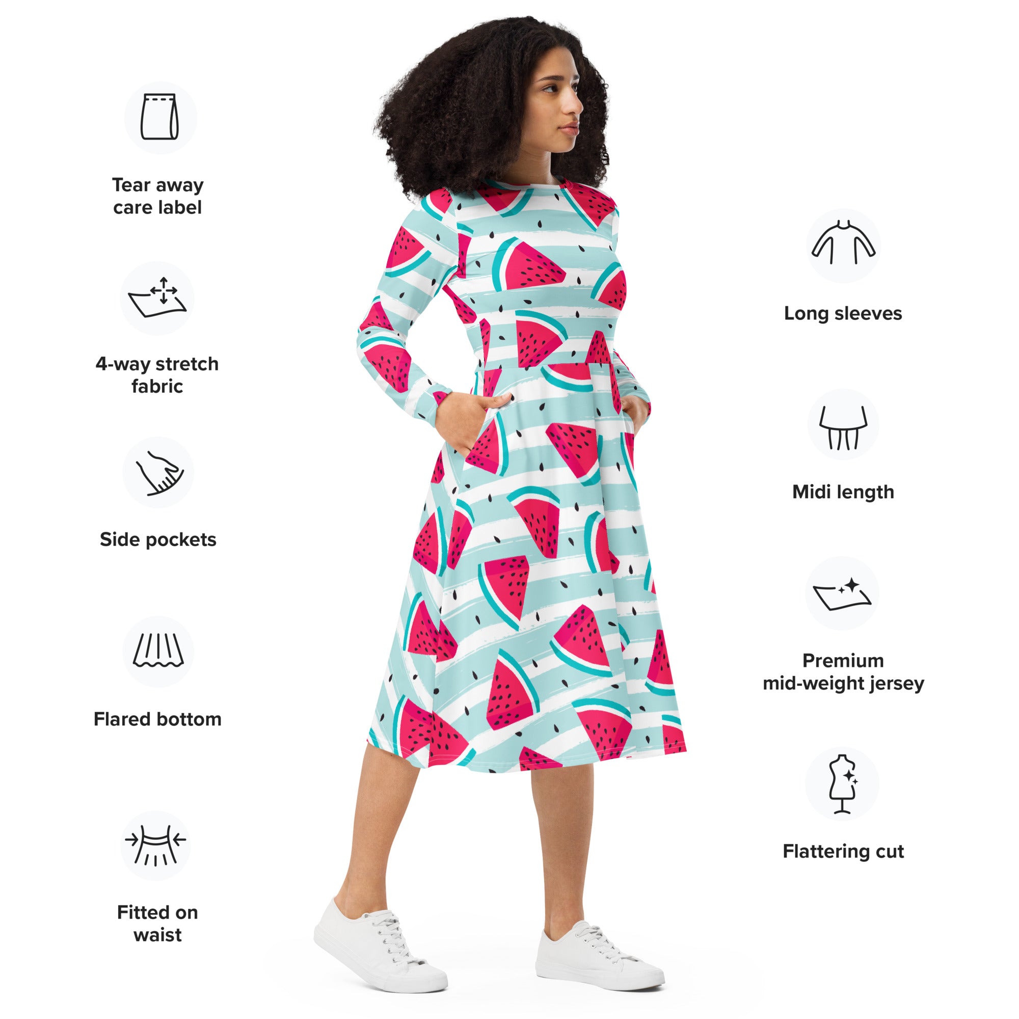 Women’s striped watermelon long sleeve midi dress in teal and pink made of premium mid-weight jersey with pockets