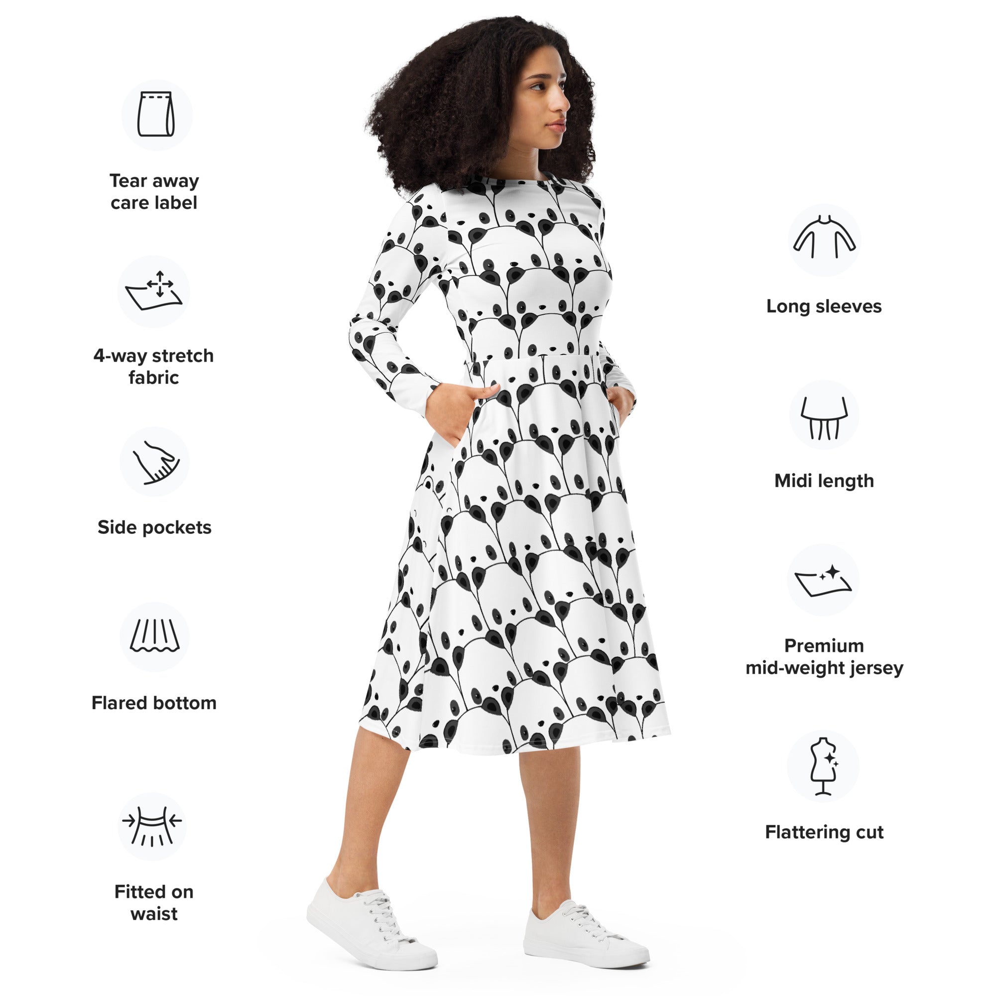 Women’s panda long sleeve midi dress with pockets in black and white silhouette pattern made of premium jersey