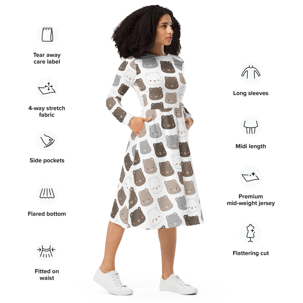 White midi dress with long sleeves and flared bottom featuring cute bear print in brown and gray with pockets