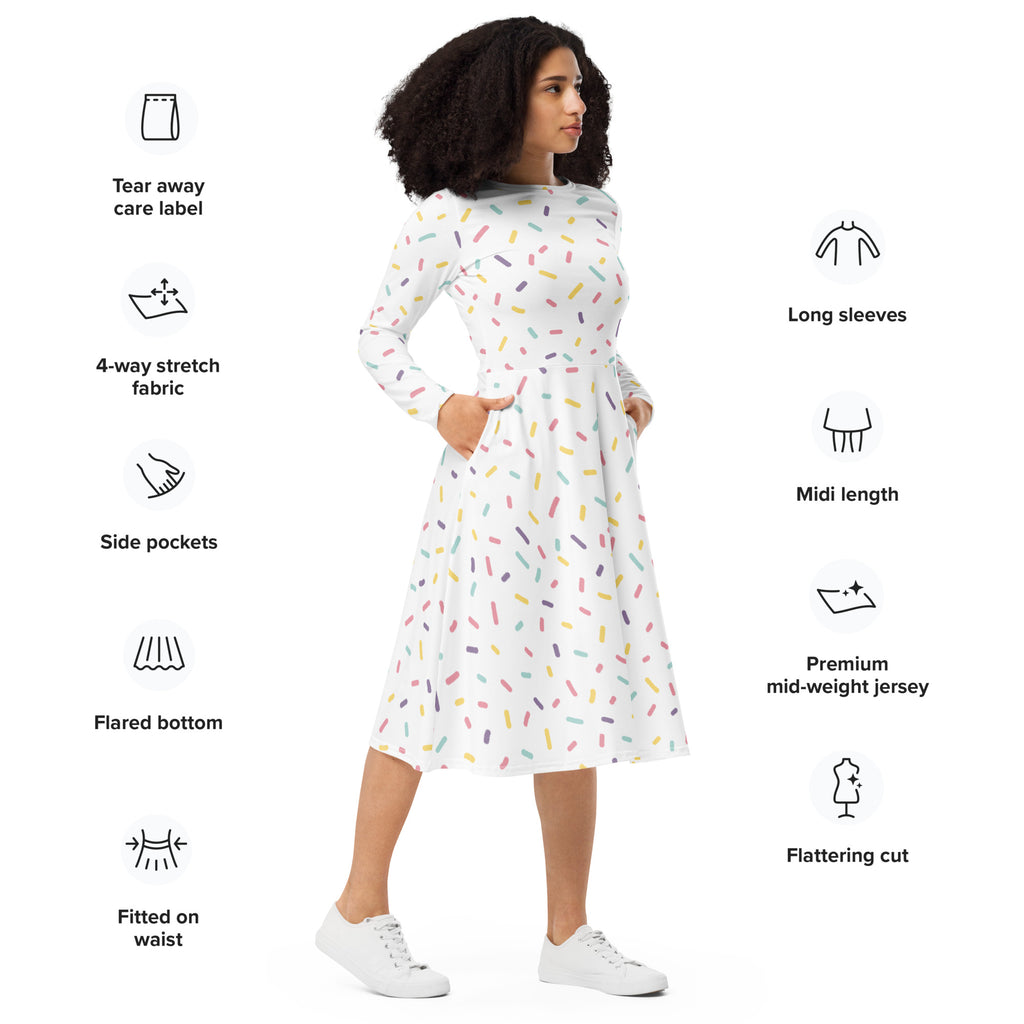 White long sleeve midi dress with colorful sprinkle pattern and pockets featuring a flared bottom