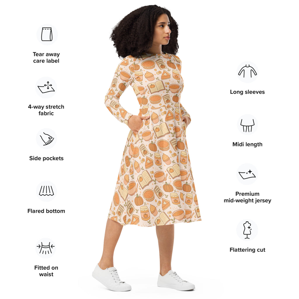 Women’s long sleeve midi dress in soft peach fabric with autumn pumpkin pie and book print and pockets