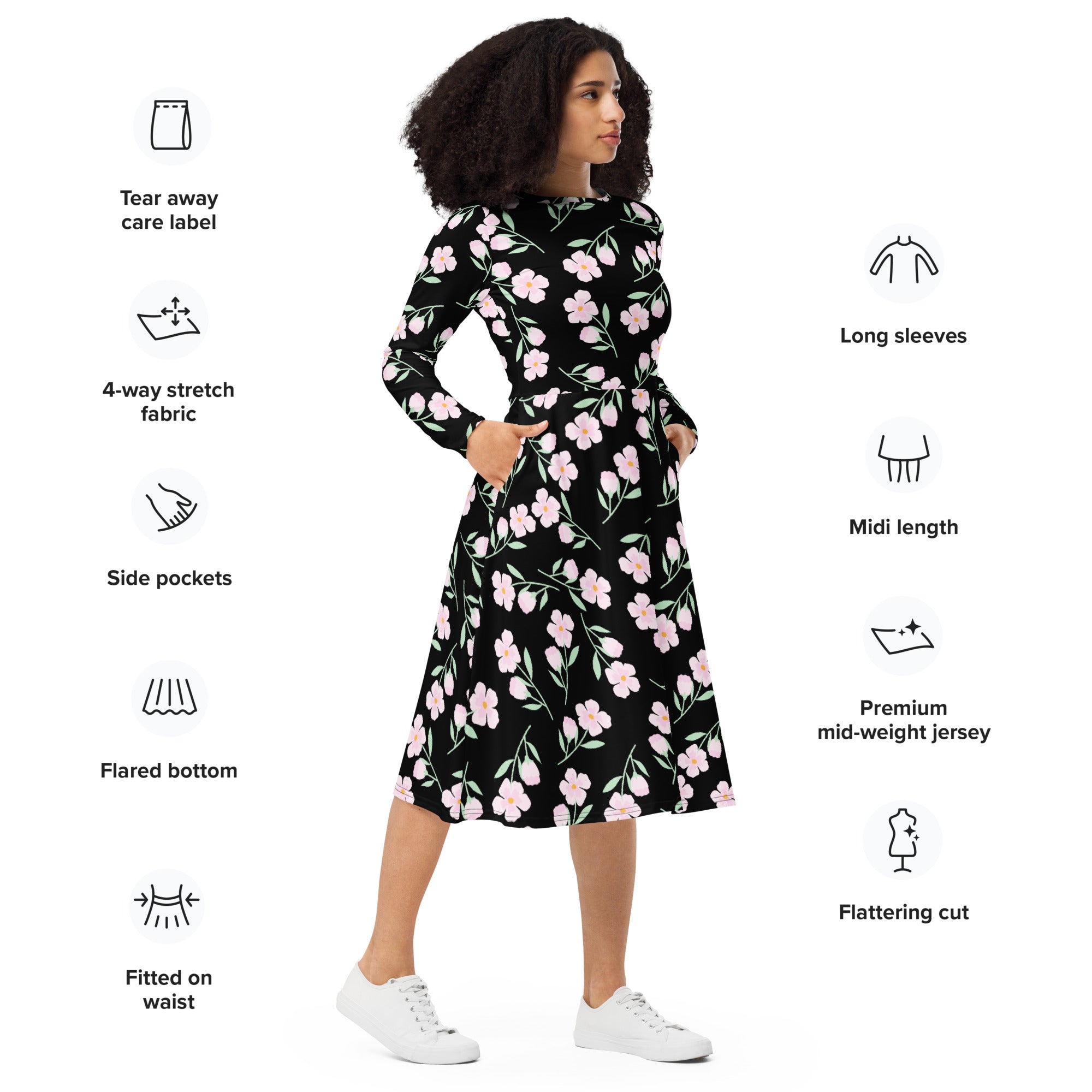 Women’s black midi dress with pink floral pattern long sleeves and pockets perfect for casual or formal wear