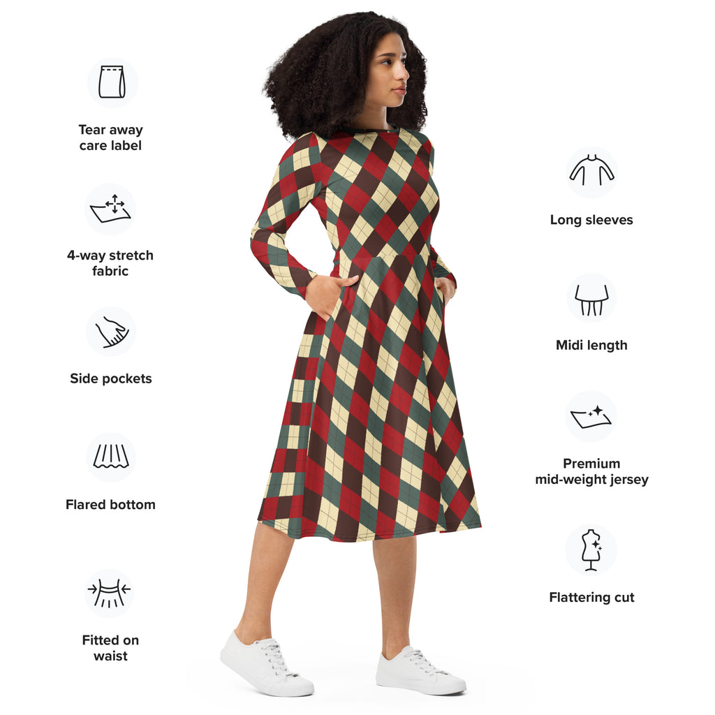 A woman wearing a women’s Christmas argyle long sleeve midi dress with pockets in red green beige premium jersey fabric