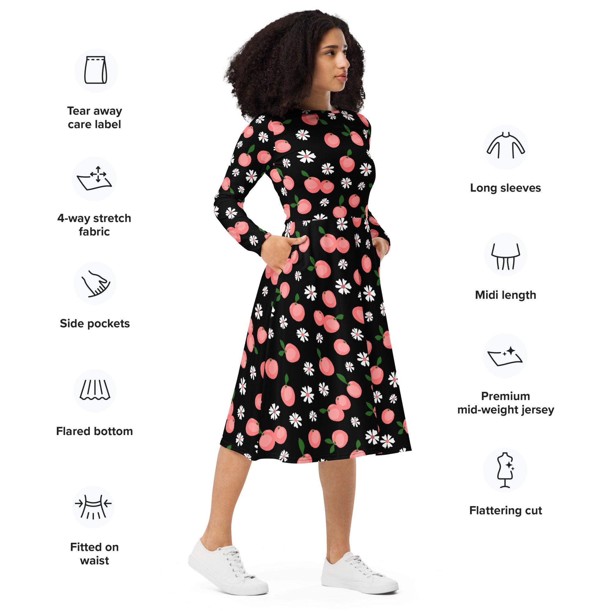 Women’s peach blossom long sleeve midi dress with pockets black midi dress with pink cherry and white daisy print