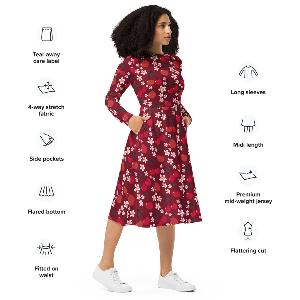 Women’s cherry blossom long sleeve midi dress in red with white and pink floral pattern made from 4-way stretch fabric