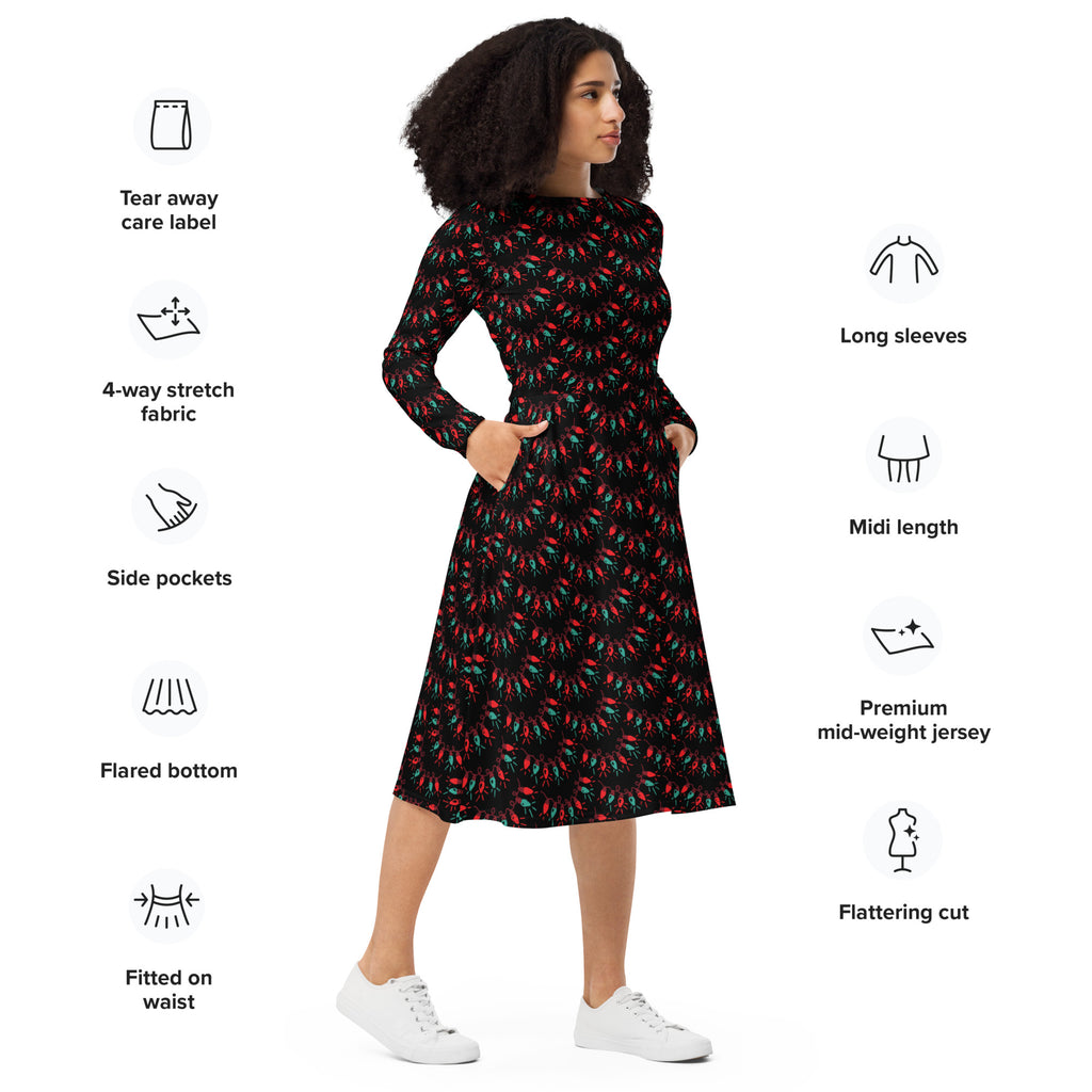 Women’s black midi dress with long sleeves flared bottom and red chili pepper pattern festive christmas design with pockets