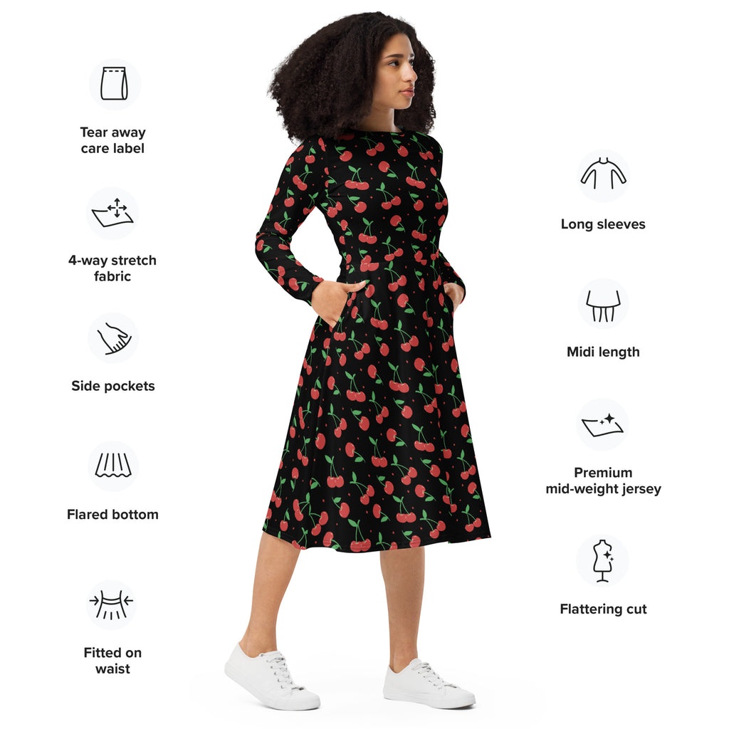 Women’s black cherry print long sleeve midi dress with pockets and flared bottom in lightweight fabric