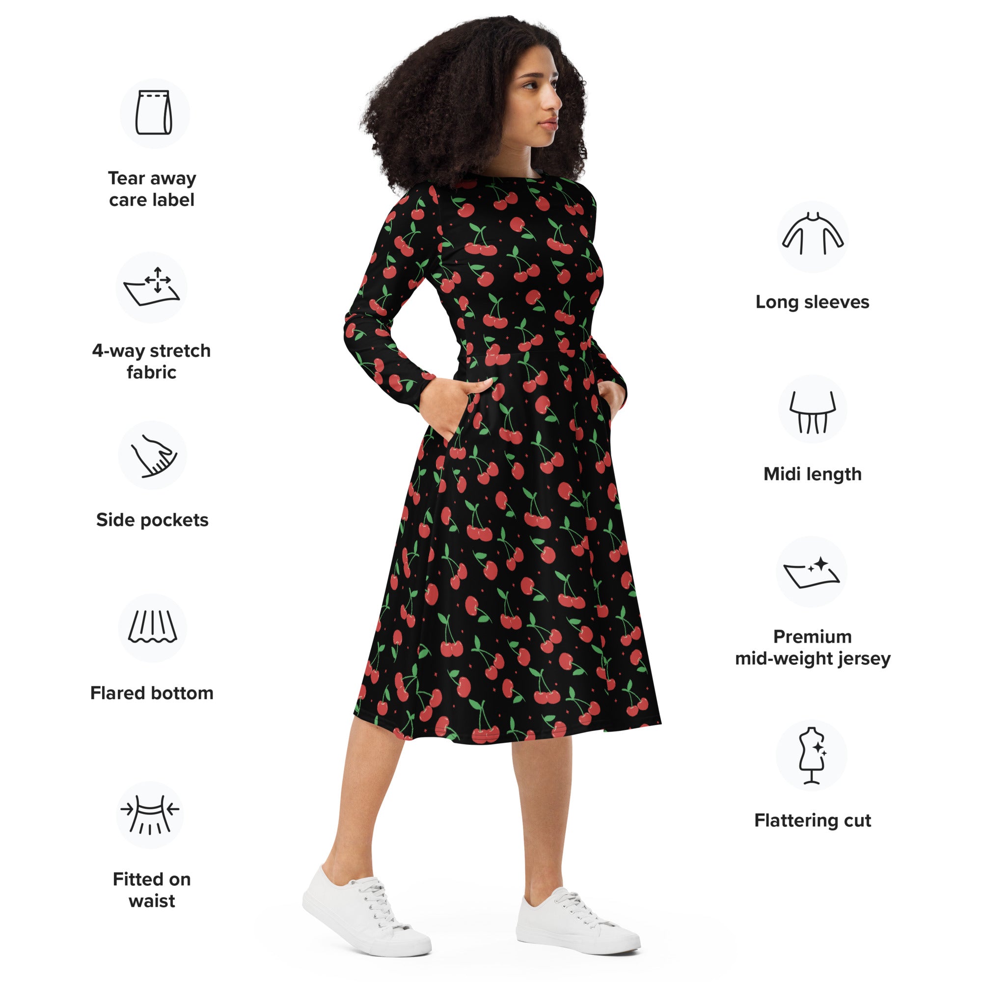 Women’s black cherry print long sleeve midi dress with pockets and flared bottom in lightweight fabric