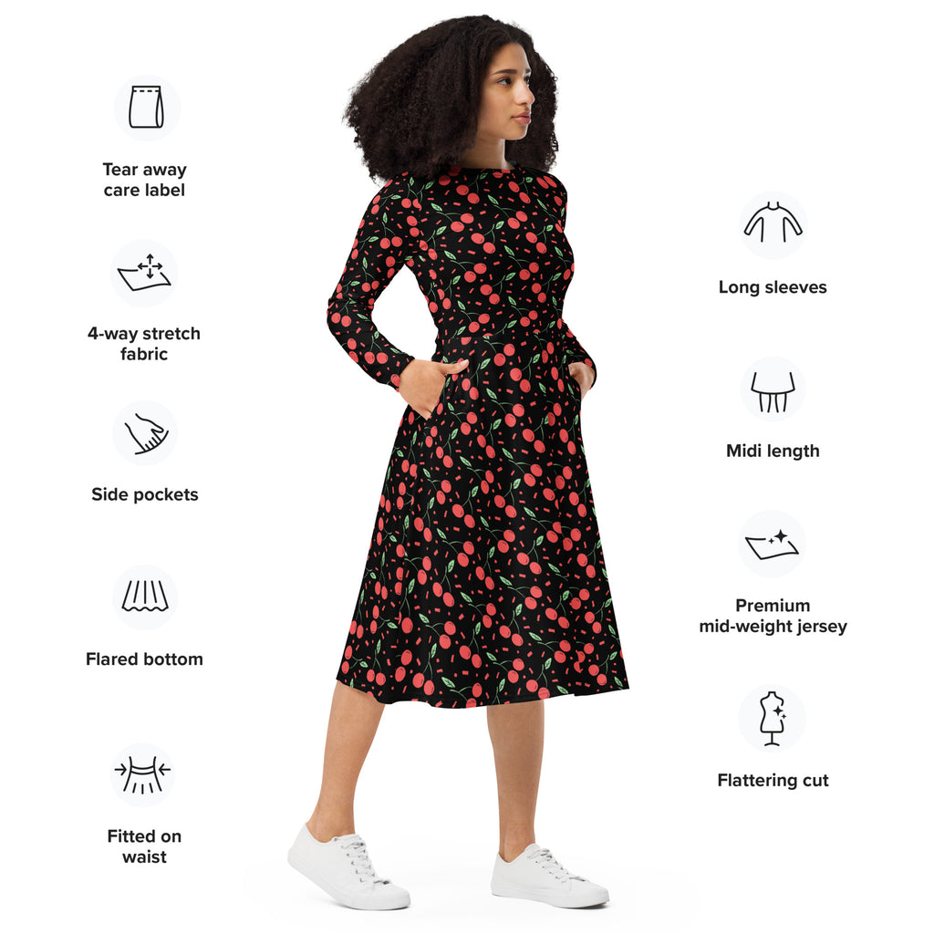 Women’s black midi dress with cherry print long sleeves and pockets in vintage style