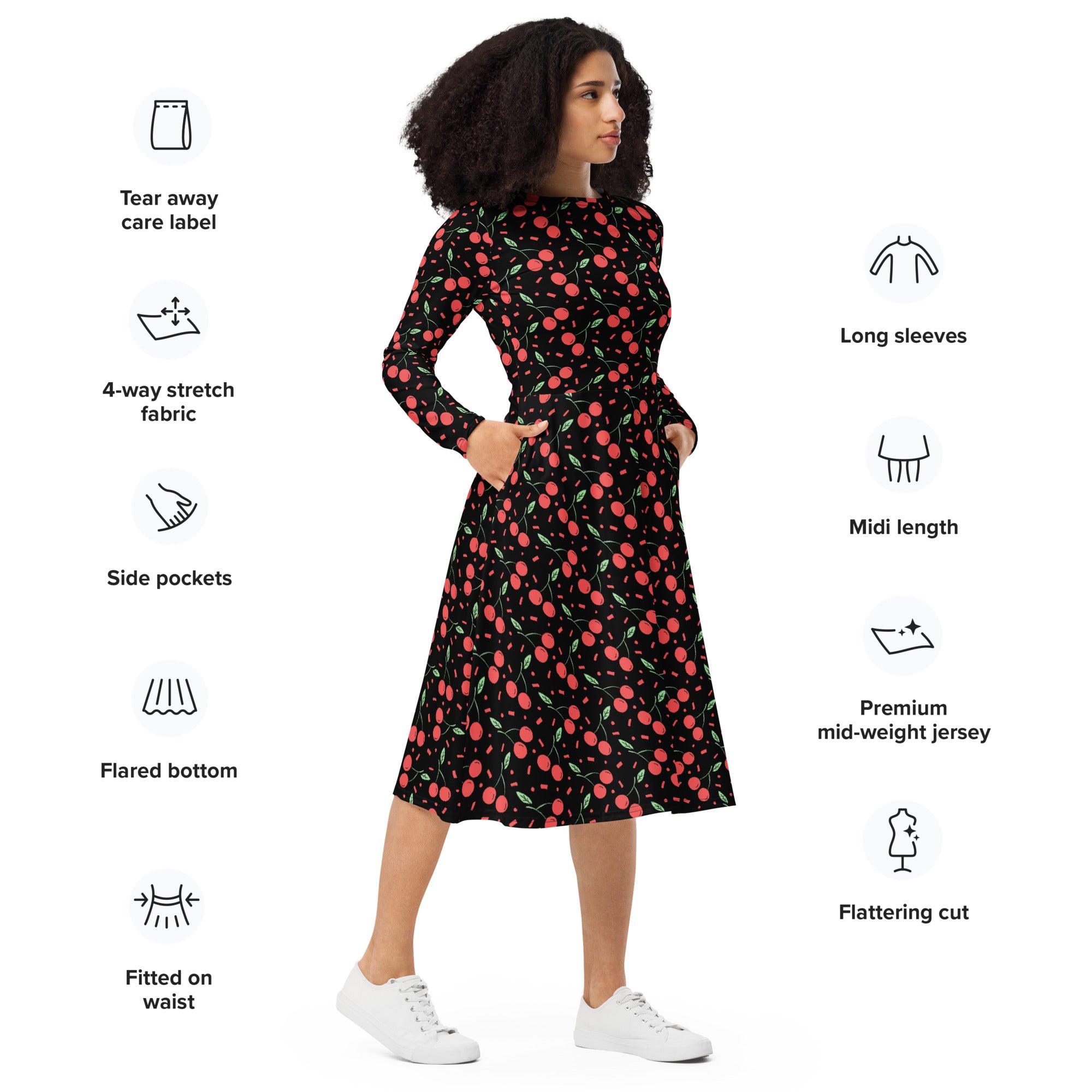 Women’s black midi dress with cherry print long sleeves and pockets in vintage style