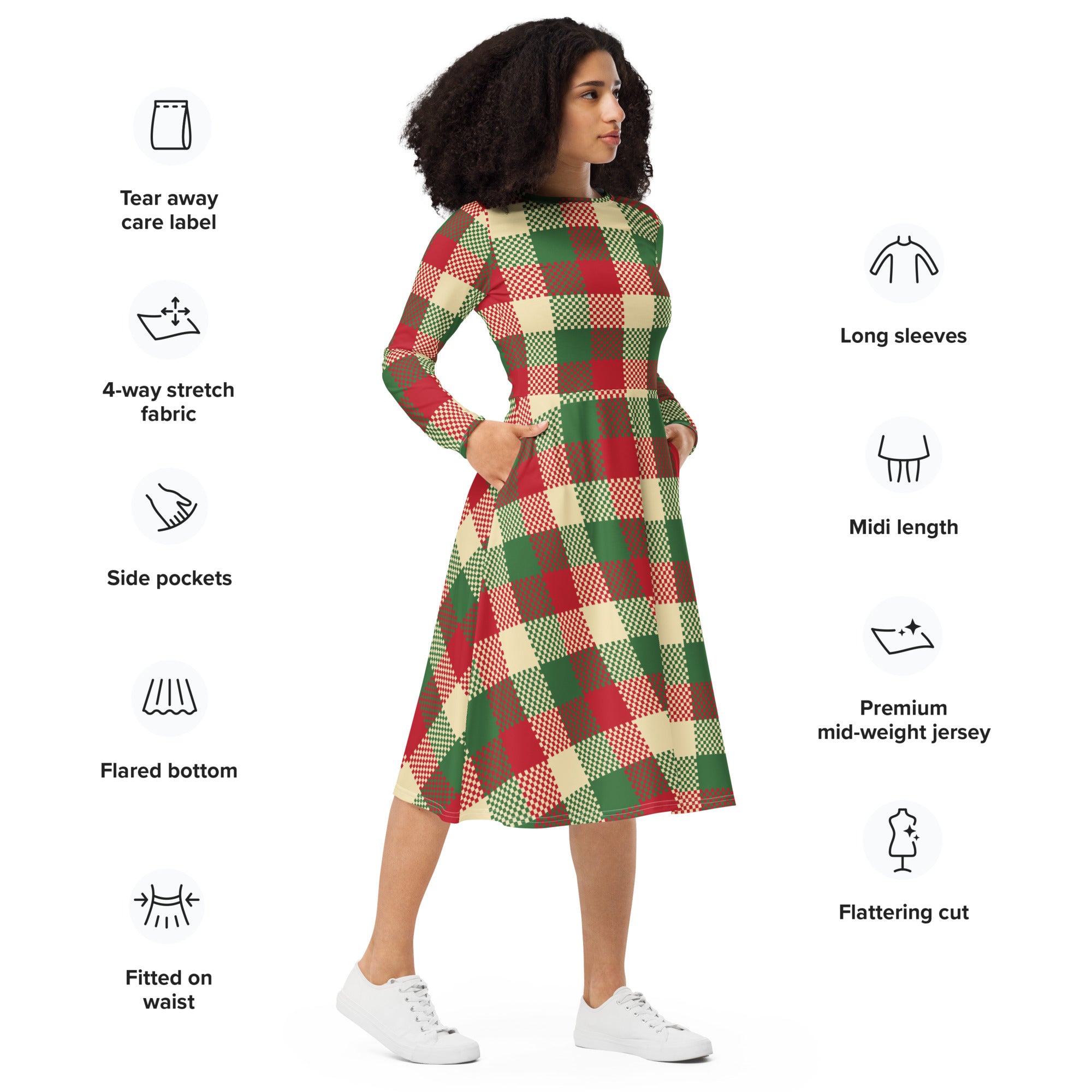Women’s Christmas plaid long sleeve midi dress in red green and cream made from premium mid-weight jersey fabric