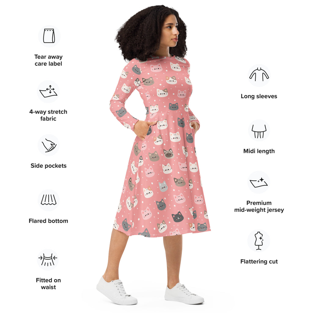 Women’s cute pink midi dress with long sleeves and pockets featuring cartoon cat print on mid-weight jersey fabric